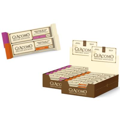 2 Giacomo Belgian chocolate displays / 24 bars with almonds - 24 bars with caramel center